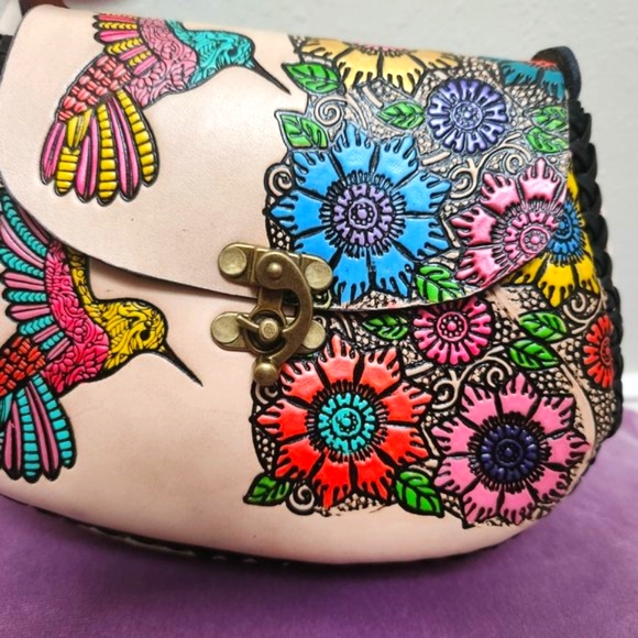 Genuine Hand-Tooled Leather Hummingbird Purse Handmade Mexican Bag - Picture 3 of 4